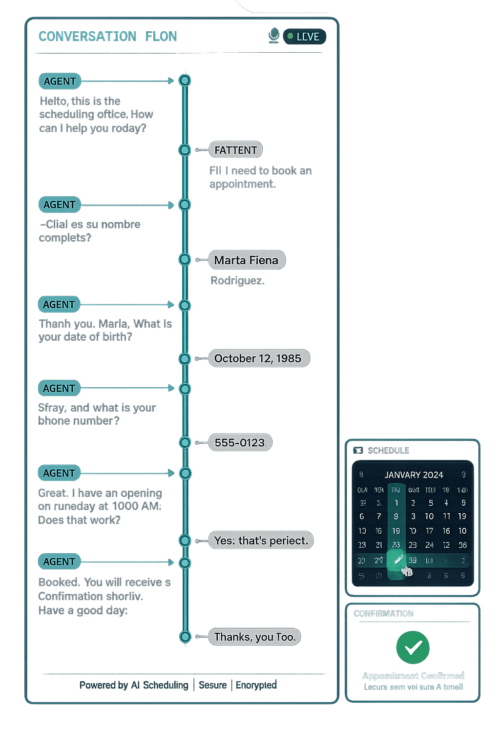 Conversation flow: the AI greets the patient, collects details, checks the calendar, and books the appointment